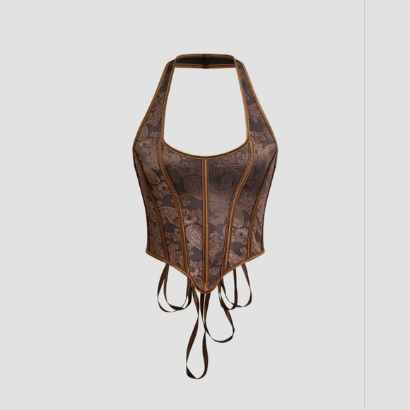 Micas Tops - Brown Paisley Halter Corset Top